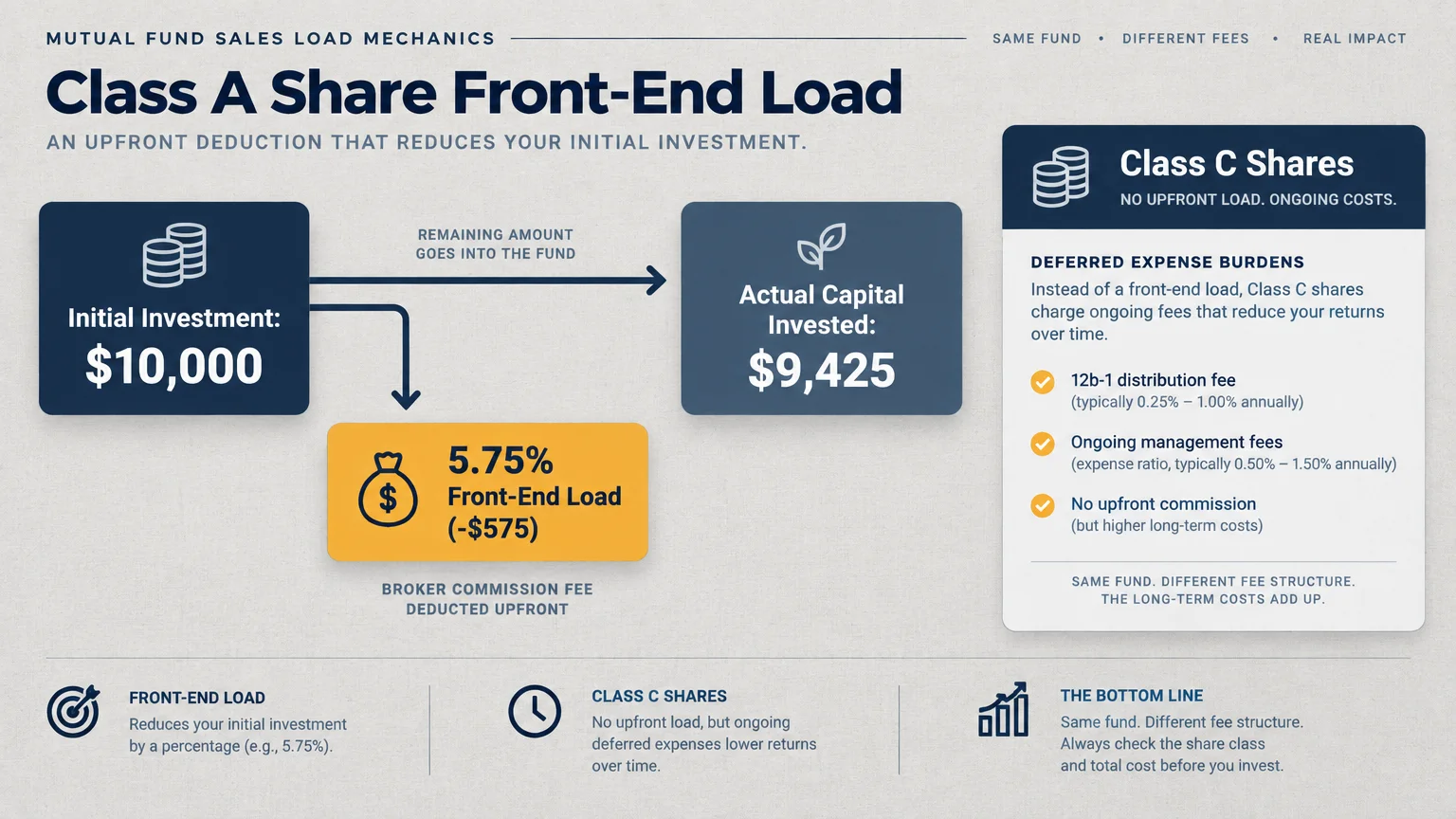 Diagram showing a $10,000 investment reduced by a 5.75% front-end load to $9,425, compared with Class C share fees.