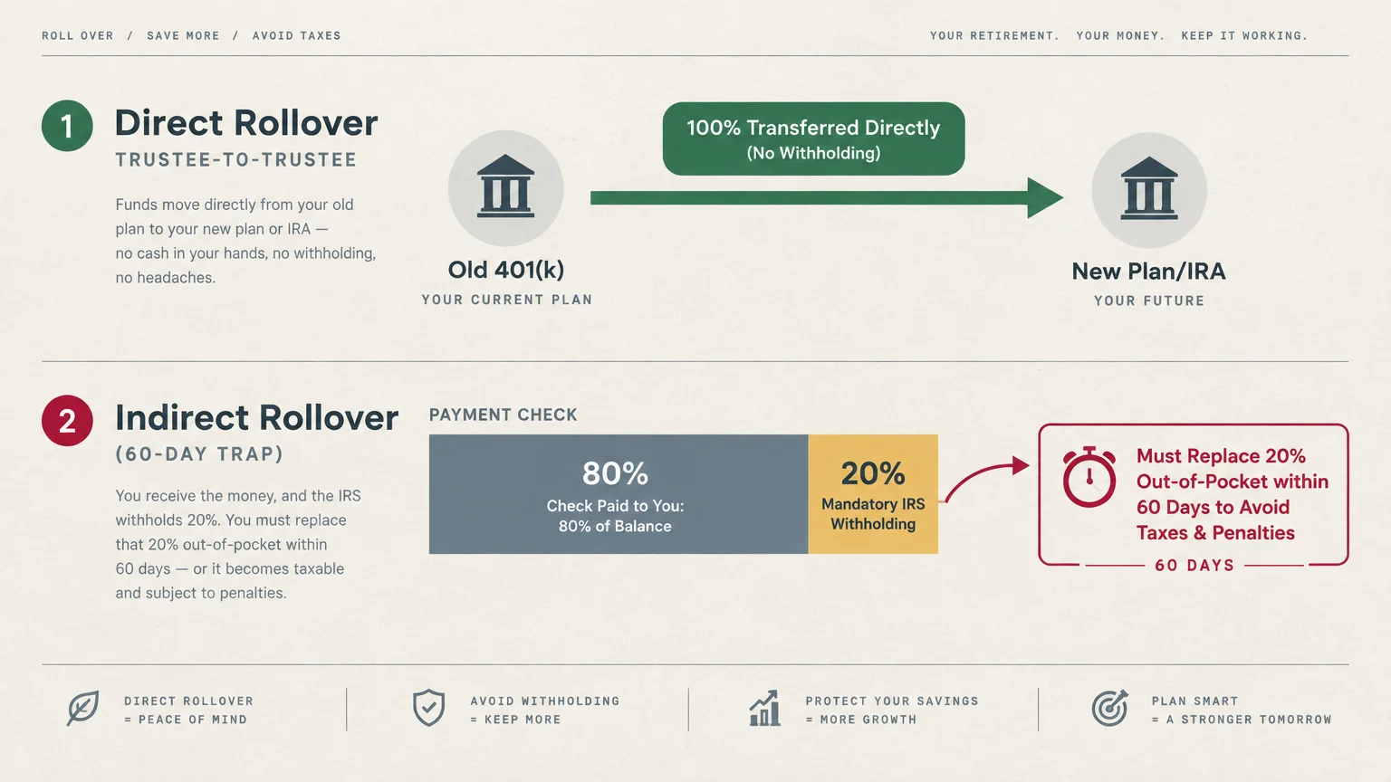 Diagram comparing a 100% direct rollover against an indirect rollover with 20% withholding and a 60-day deadline.