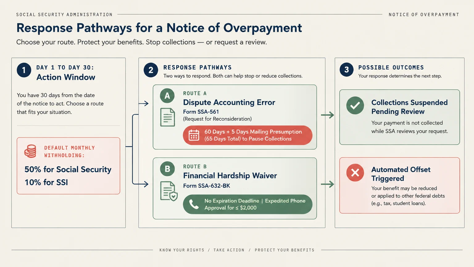 Flowchart showing Social Security overpayment response pathways, withholding rates, forms, deadlines, and outcomes.