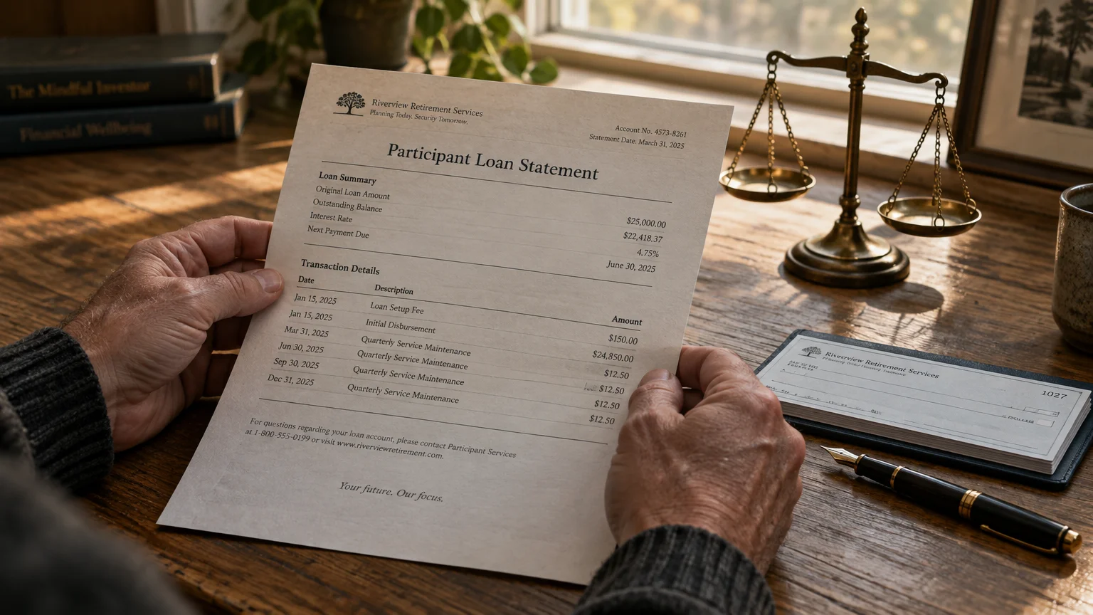 Hands holding a participant loan statement on a wooden desk next to a balance scale, checkbook, and pen.