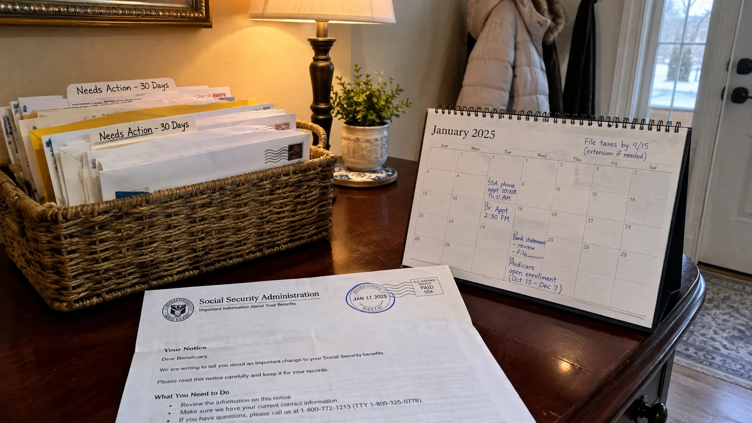 Social Security notice, desk calendar marked January 2025, and a basket of mail labeled Needs Action - 30 Days.