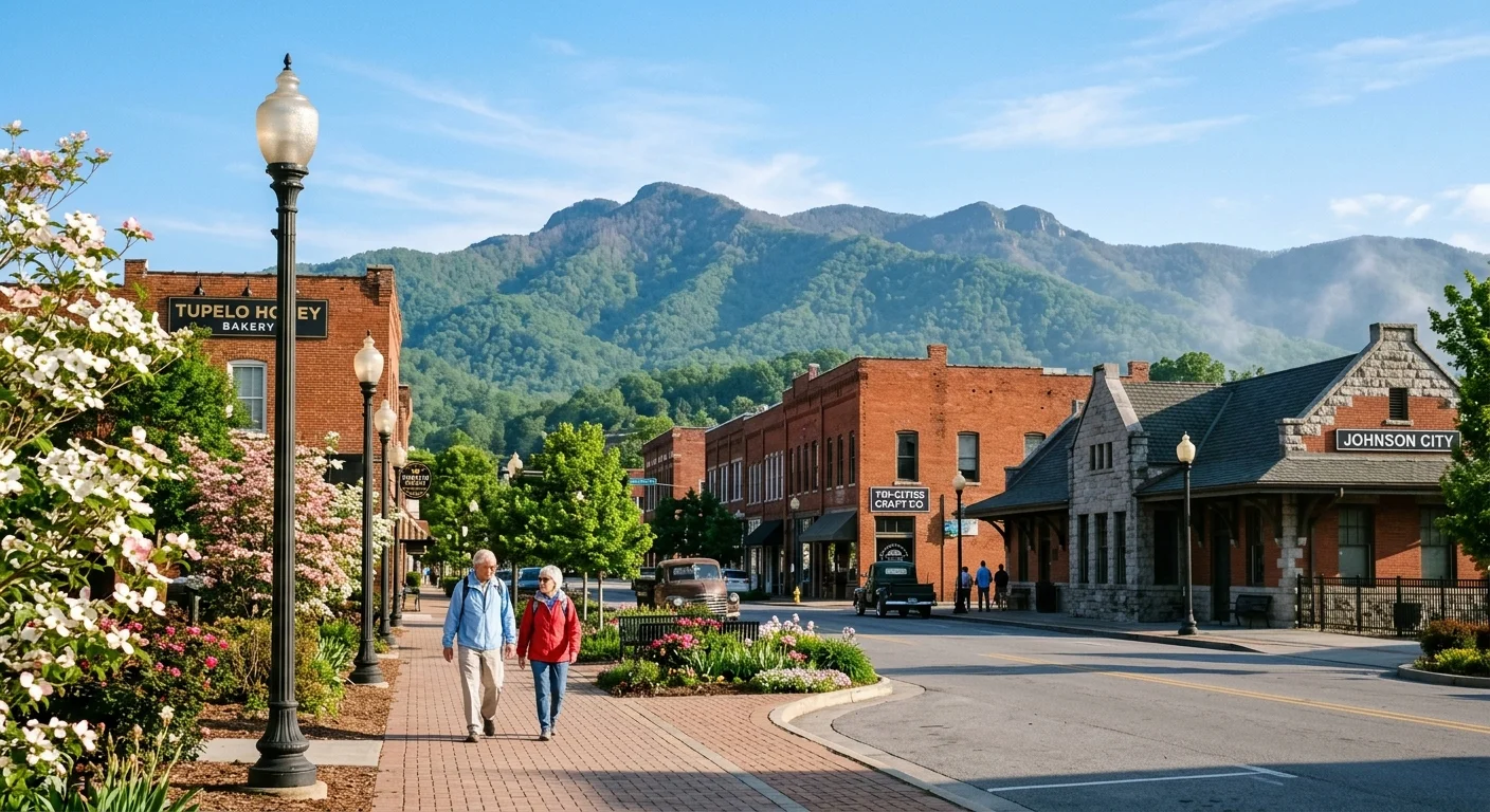 An older couple walks down a brick sidewalk in downtown Johnson City with lush green mountains in the background.
