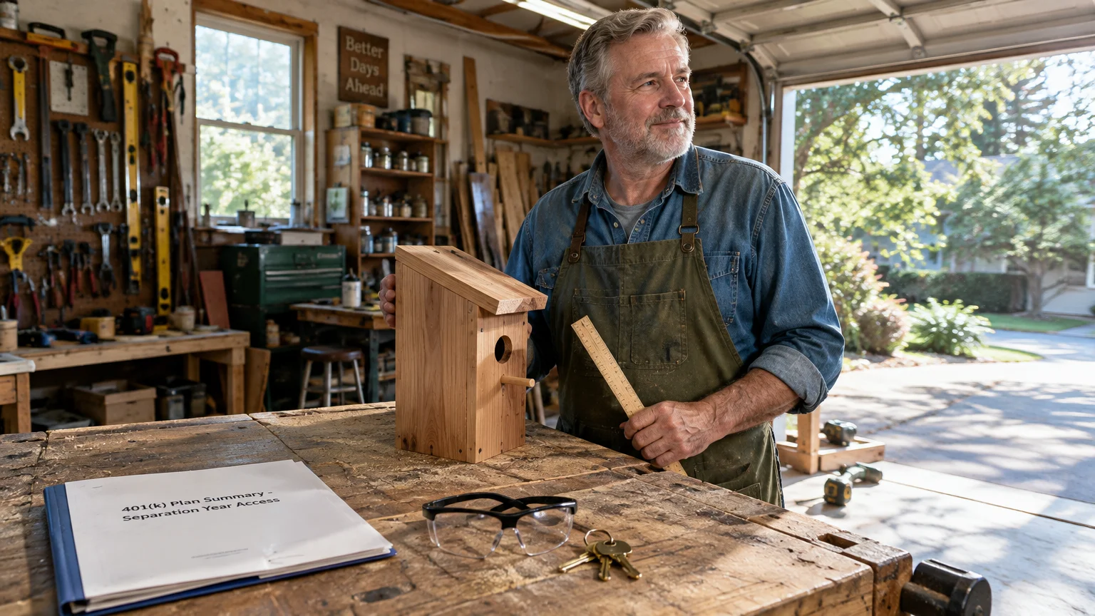 Smiling man in an apron stands at a workshop bench holding a wooden birdhouse near safety glasses and a 401(k) document.