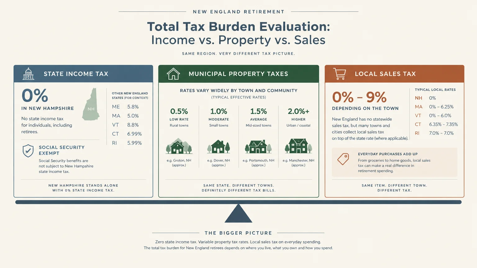 Infographic balancing state income tax, municipal property taxes, and local sales tax rates on a seesaw fulcrum diagram.