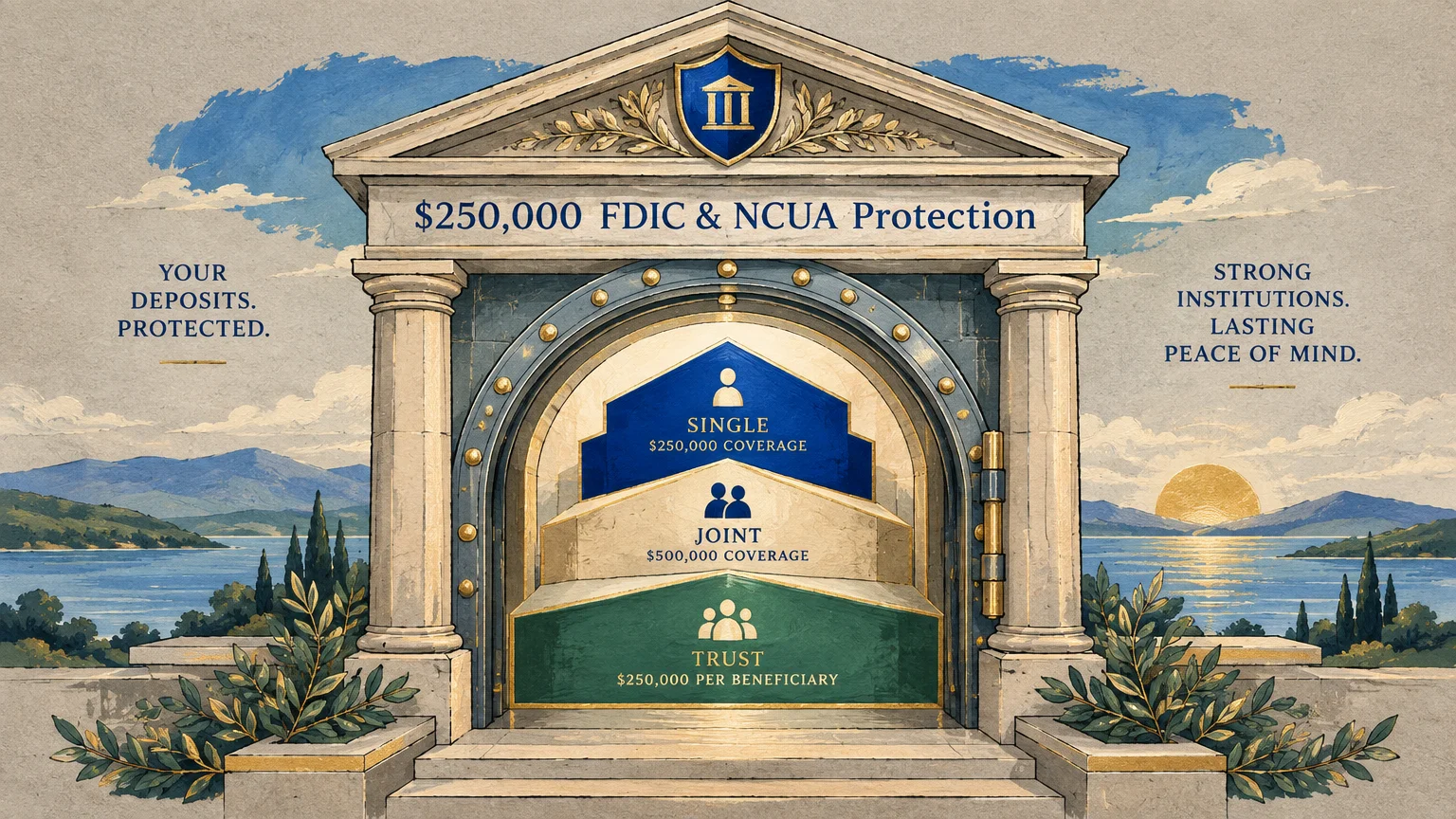 Classical stone vault doorway displaying single, joint, and trust insurance coverage levels against a landscape background.