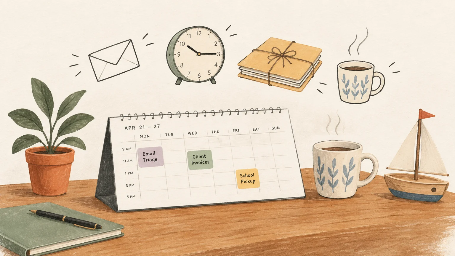 Illustration of a desk calendar with scheduled tasks beside a mug, potted plant, notebook, and a small toy sailboat.