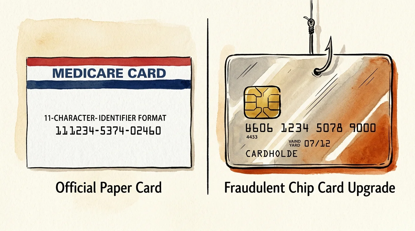 Illustration comparing an official paper Medicare card to a fraudulent metallic chip card caught on a fishhook.