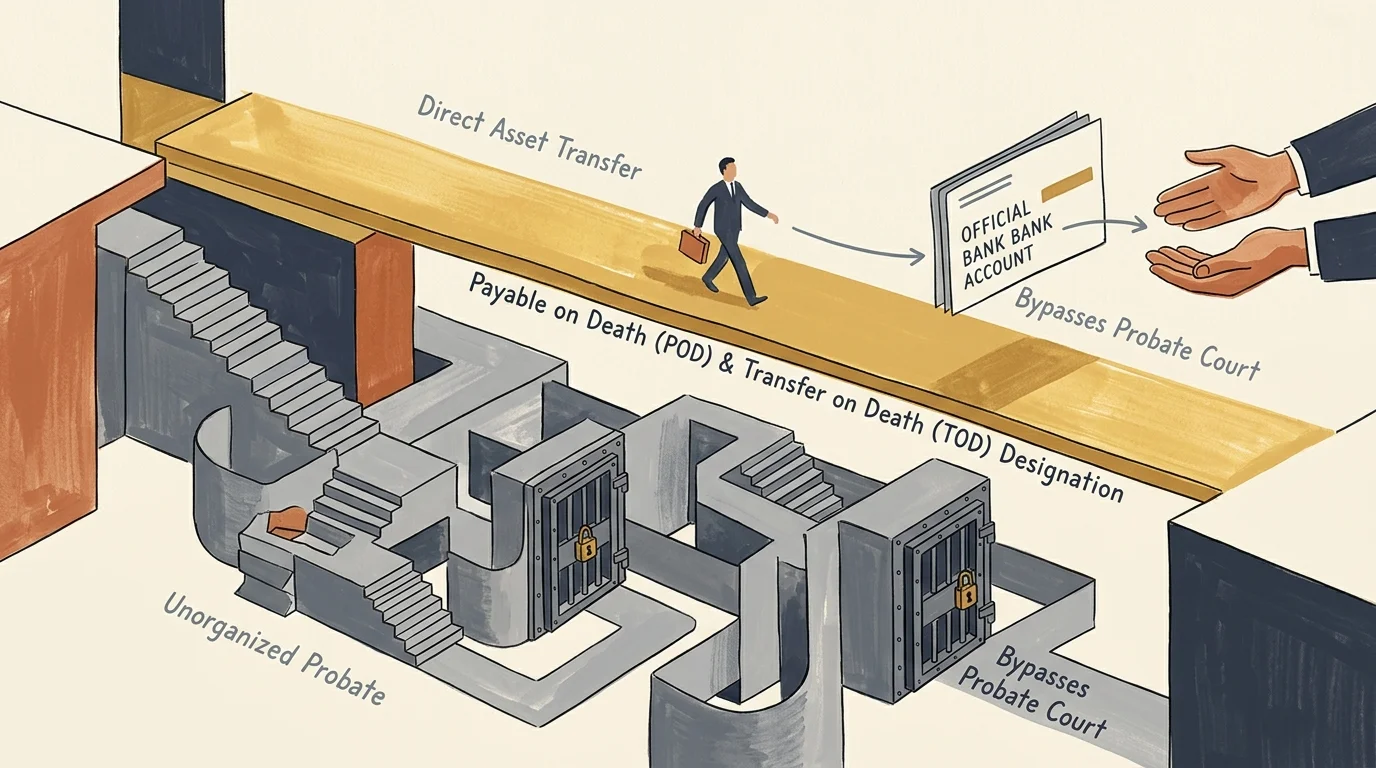Illustration of a direct pathway bypassing a maze labeled unorganized probate, leading toward an official bank account.