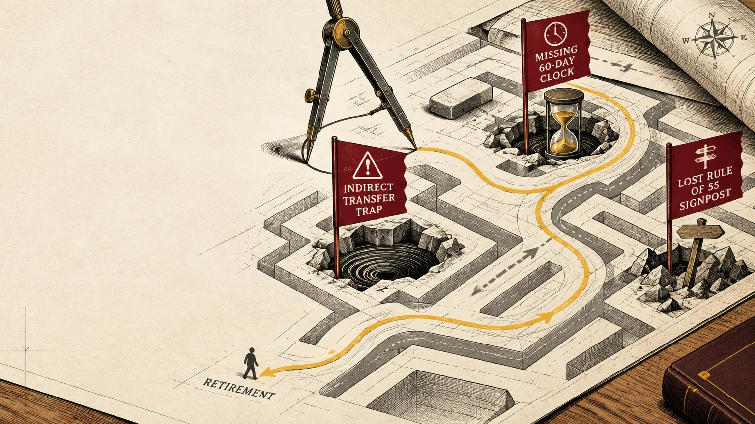Illustration of a maze blueprint with red flags marking retirement pitfalls leading toward a silhouette walking to retirement.