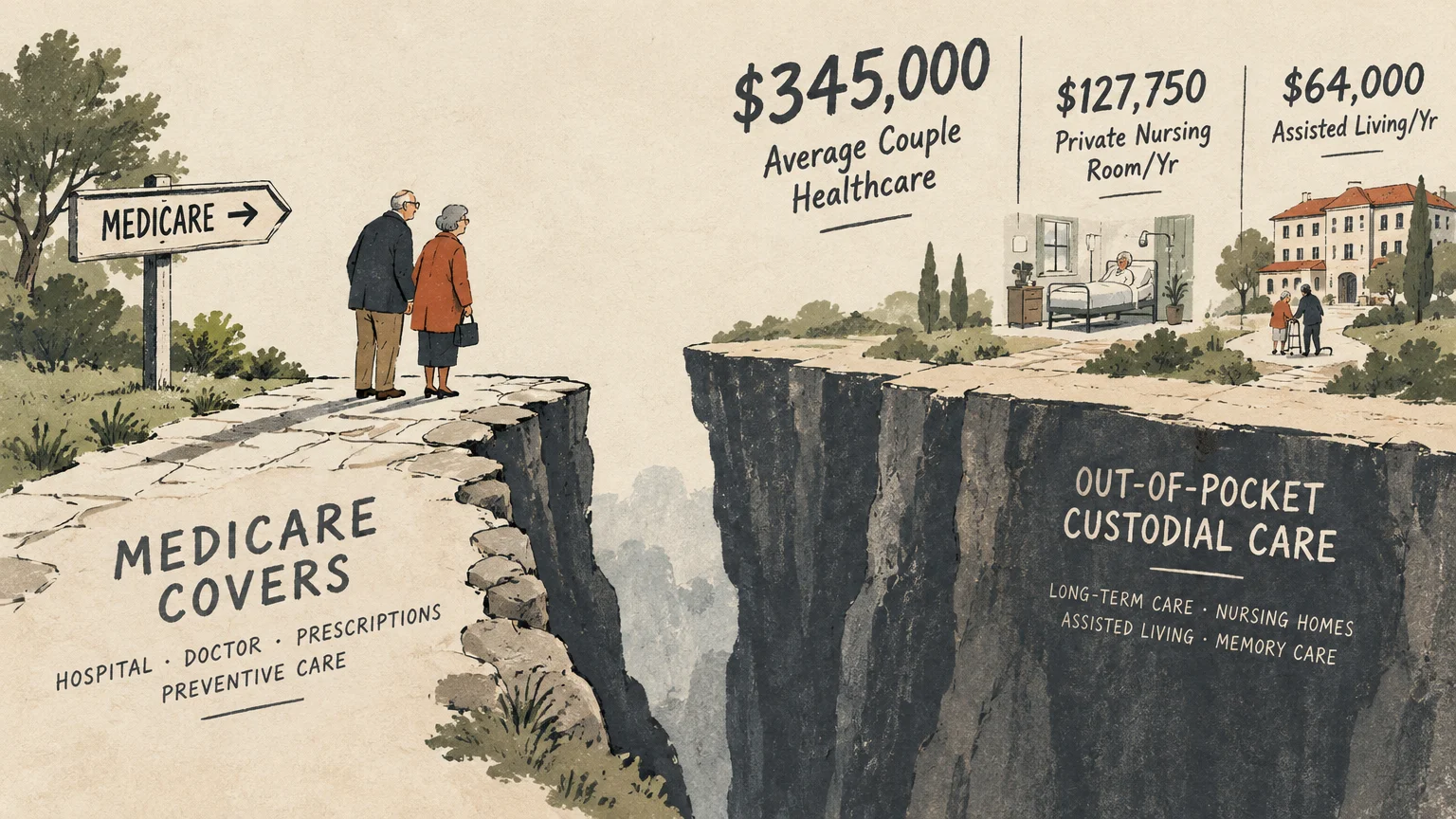 Older couple standing before a steep chasm dividing basic Medicare coverage from expensive out-of-pocket custodial care.