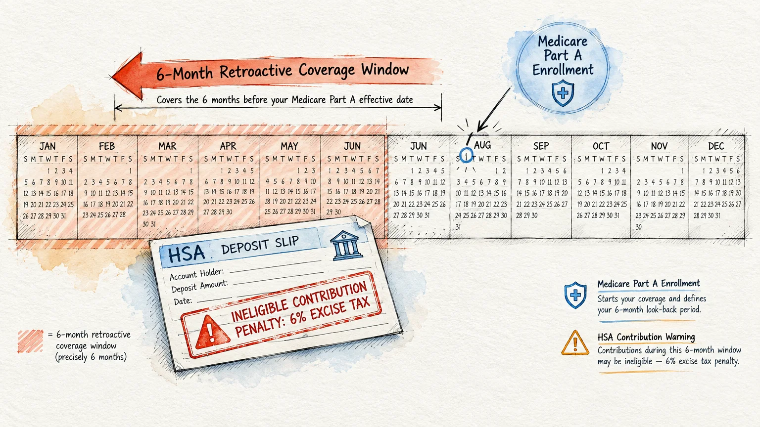 Illustrated calendar timeline highlighting a six-month retroactive coverage window next to an HSA deposit slip with a penalty stamp.