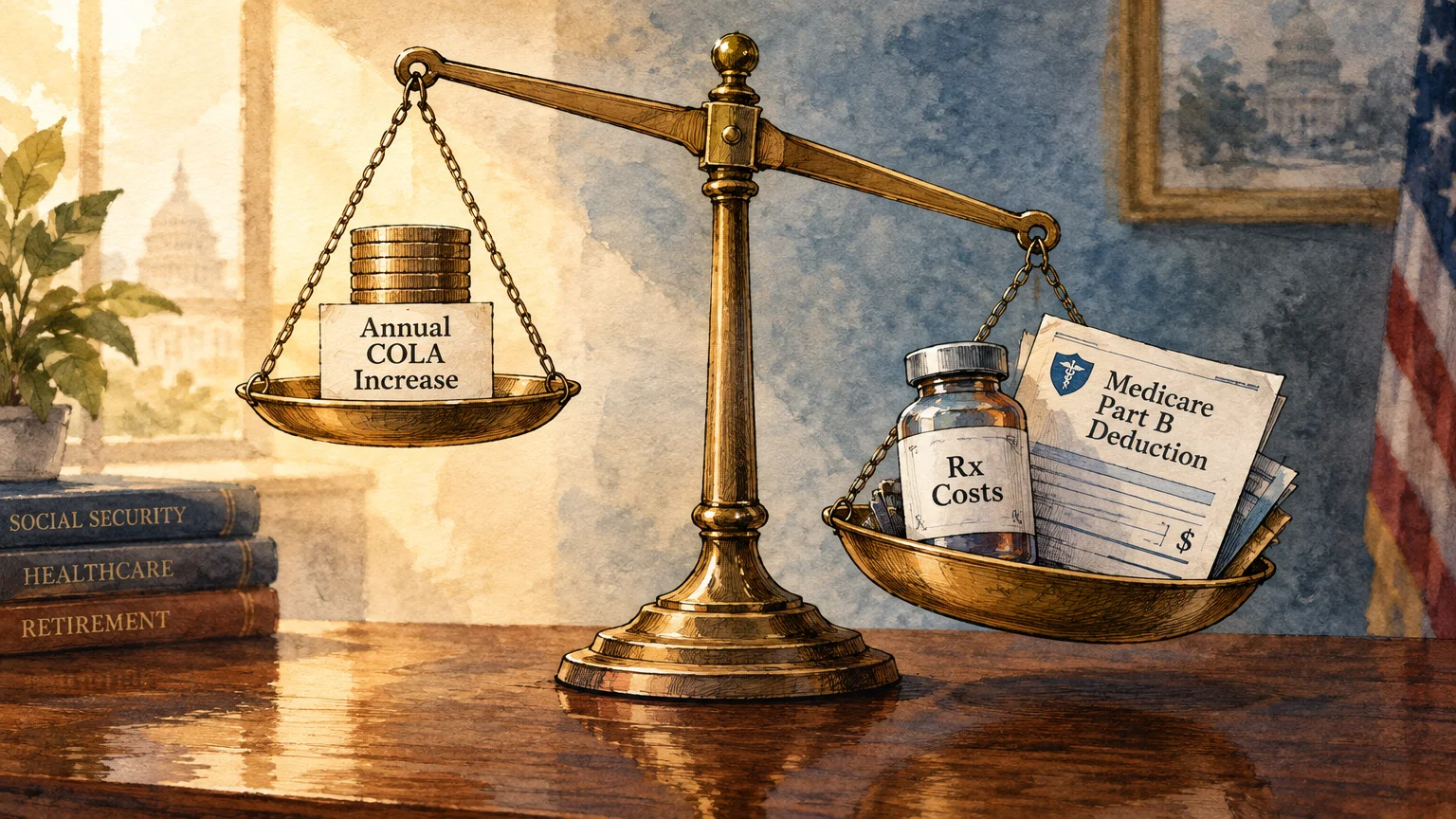 A brass scale tips toward an Rx bottle and Medicare deduction papers, outweighing a block with gold COLA coins.