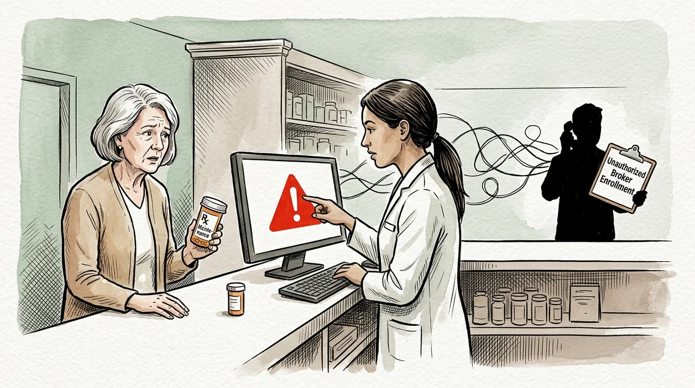 Pharmacist points to a warning on her monitor while speaking to a senior customer holding medicine at a pharmacy counter.