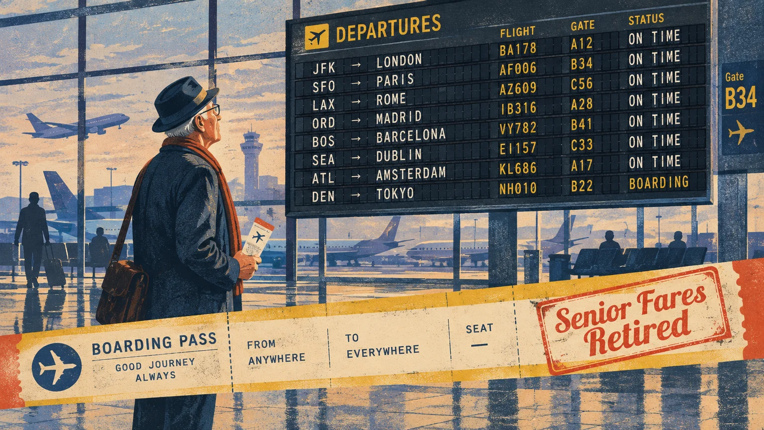 Illustration of an older man looking at an airport departure board, overlaid with a boarding pass stamped Senior Fares Retired.