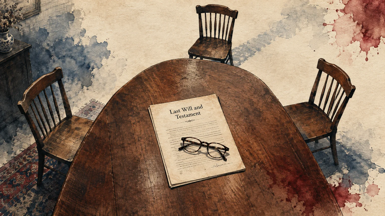 Illustration of a wooden table with empty chairs, eyeglasses resting on a "Last Will and Testament" document.