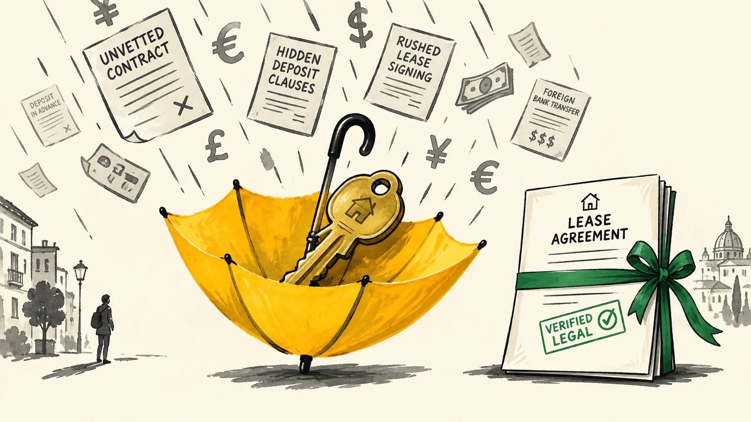 Illustration of a key resting in an upturned yellow umbrella beside a verified lease agreement under falling paperwork.