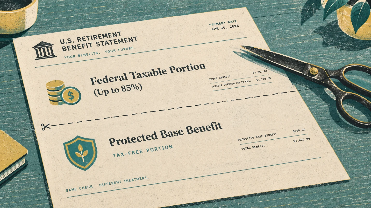 Illustration of a retirement benefit statement cut with scissors into taxable and protected base benefit portions.