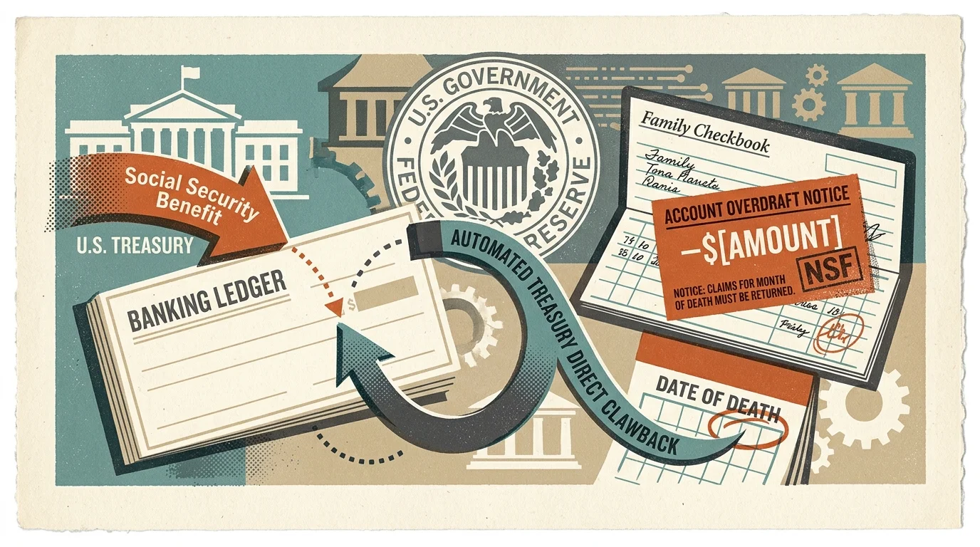 Illustration showing a banking ledger, a calendar marked date of death, and an account overdraft notice with clawback arrows.