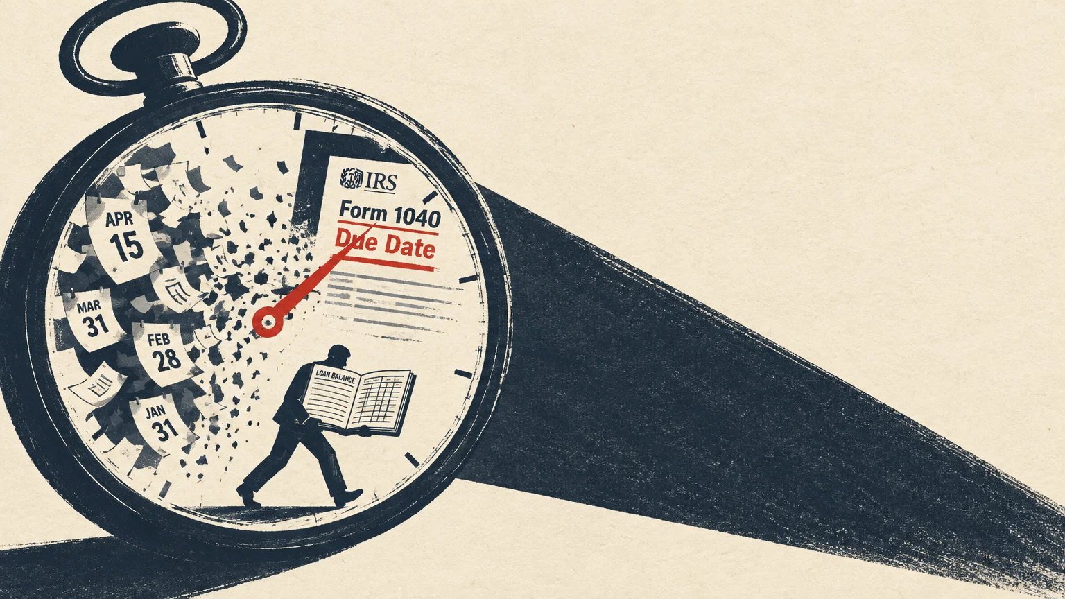 Illustration of a man carrying a ledger inside a pocket watch pointing toward an IRS Form 1040 due date.