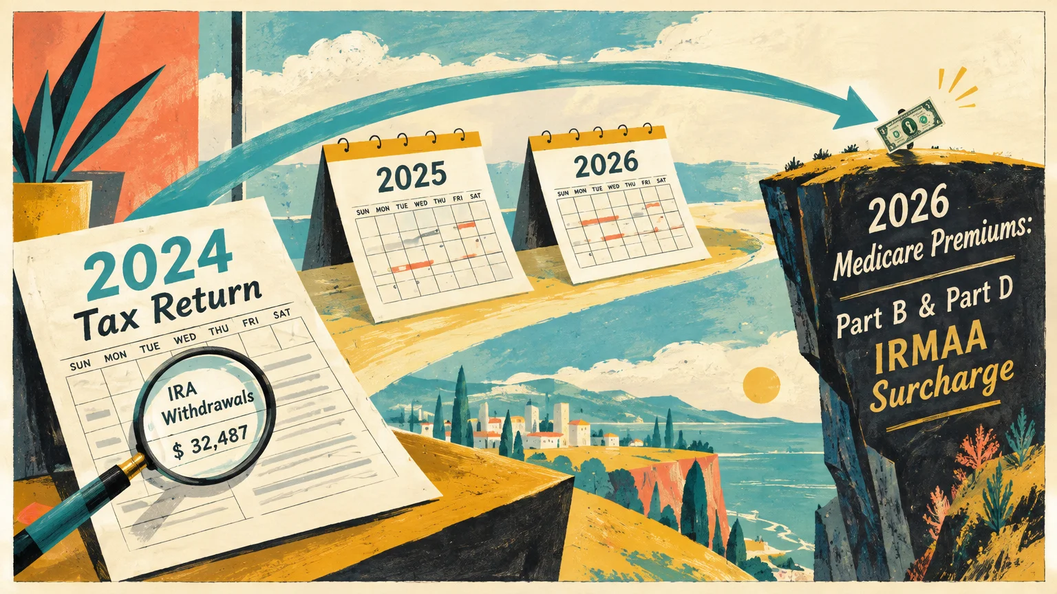Illustration showing a 2024 tax return connected by an arrow past desk calendars to a cliff labeled 2026 Medicare IRMAA.