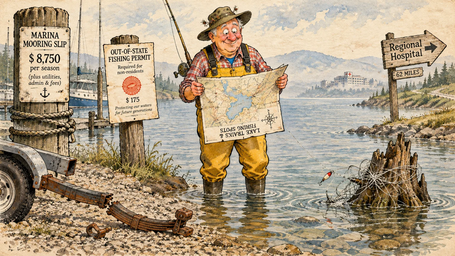 Illustration of a fisherman holding a map in water near expensive fee signs, a broken boat trailer, and a snagged line.