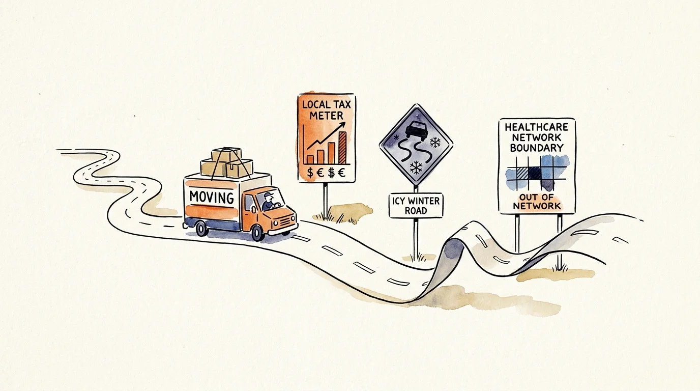Illustration of a moving truck driving along a winding road past signs for local taxes, icy roads, and healthcare boundaries.