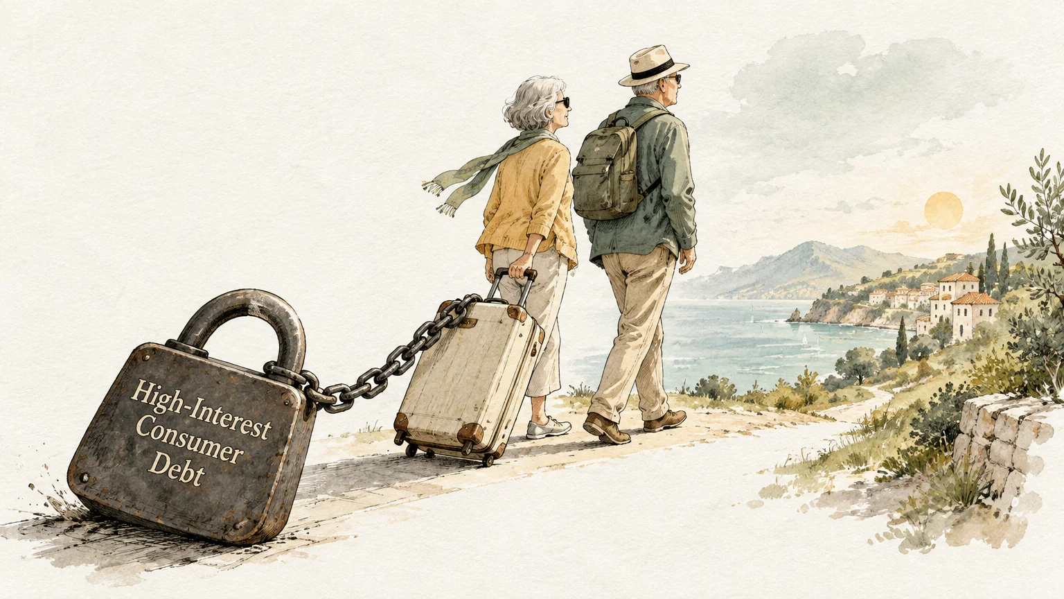 Illustration of an older couple walking along a coastal path, pulling a rolling suitcase chained to a giant padlock.