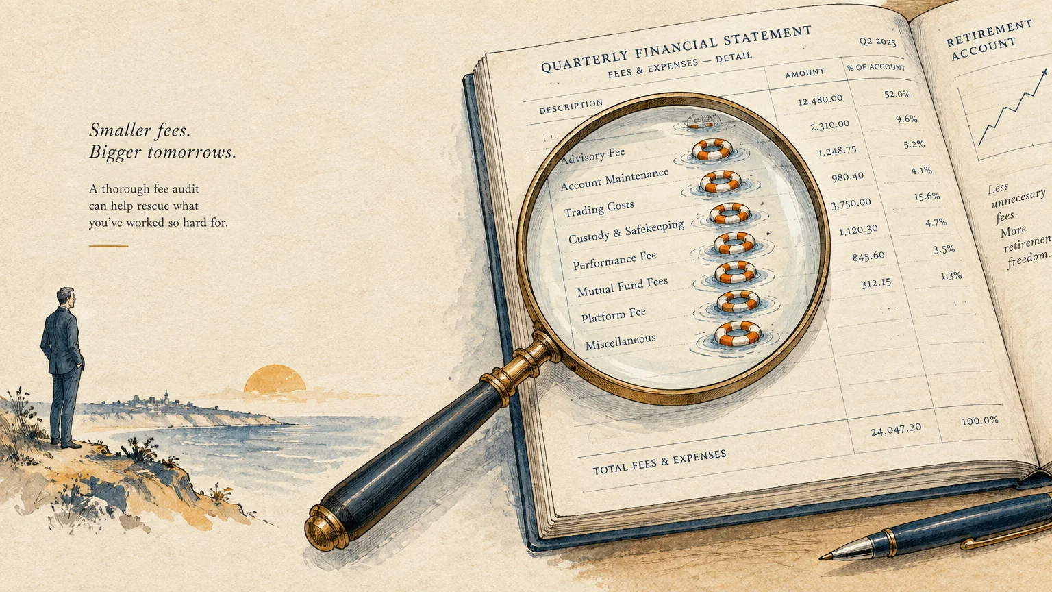 Ink illustration of a magnifying glass showing lifebuoys on a fee statement next to a man looking at the sea.