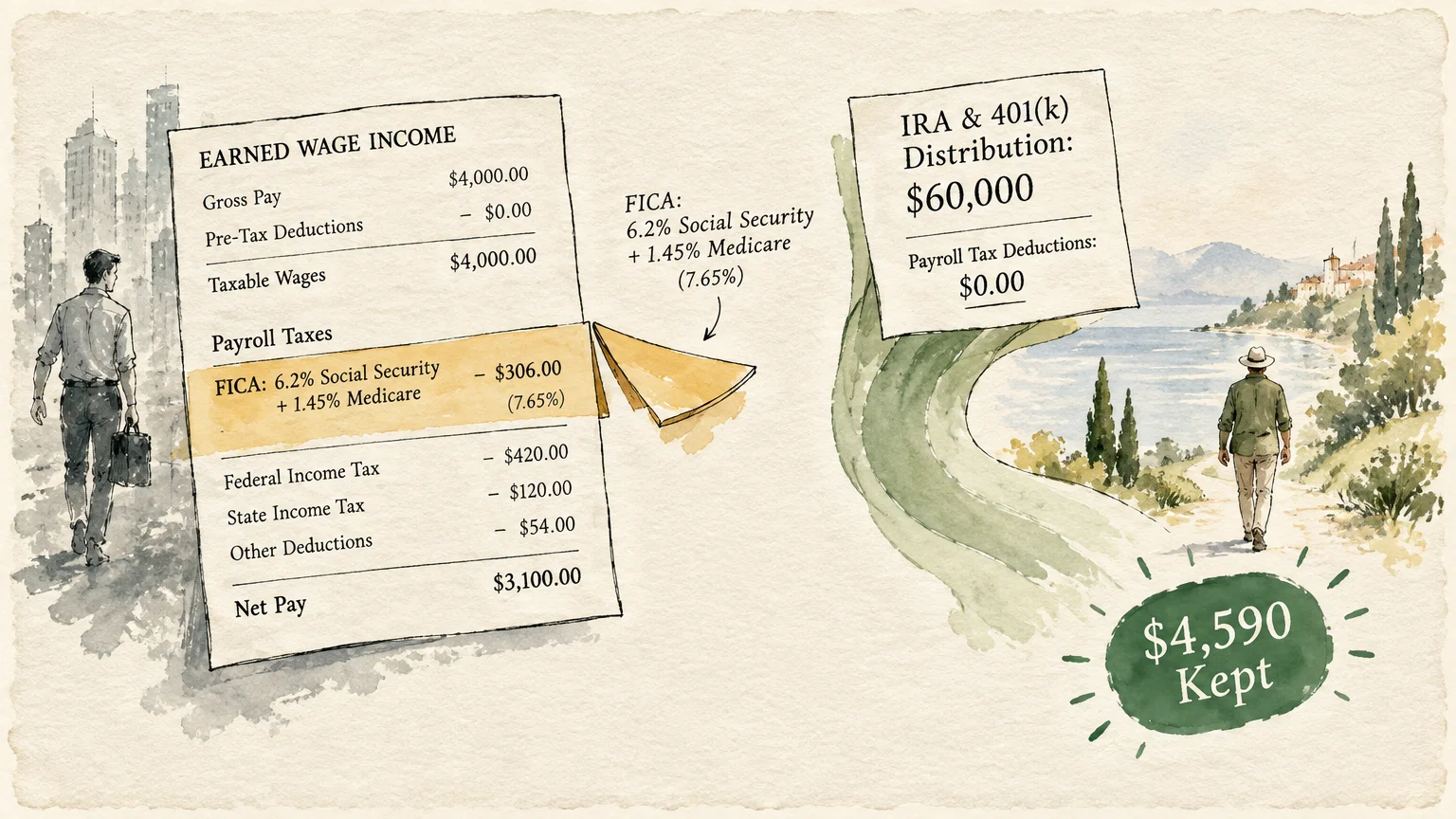 Illustration comparing a worker's paystub showing FICA deductions to retirement distributions with zero payroll taxes.