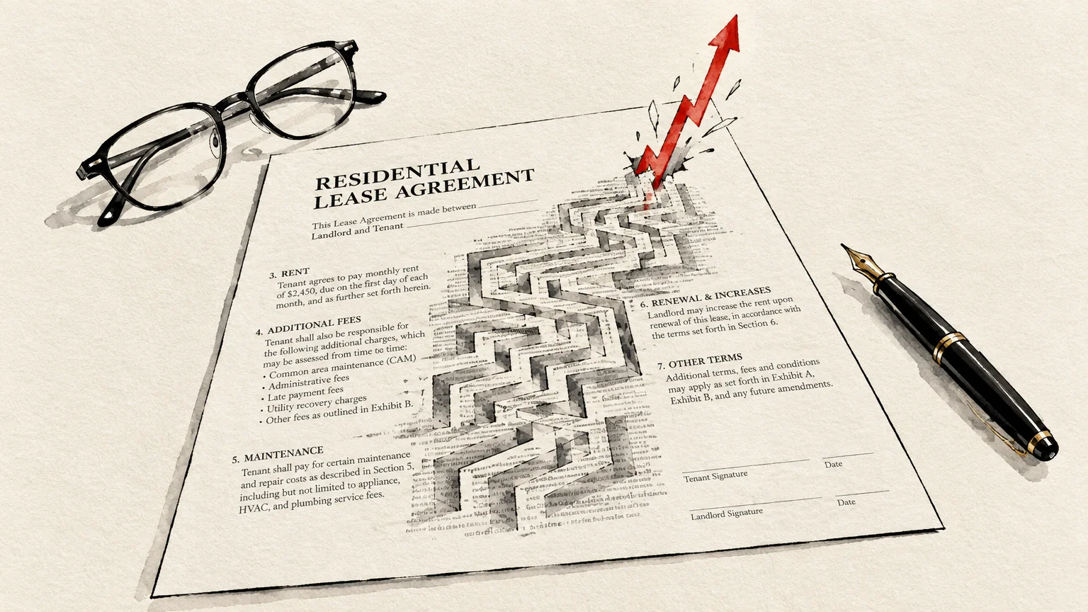 A residential lease agreement paper featuring a maze and a rising red arrow, with reading glasses and an ink pen nearby.