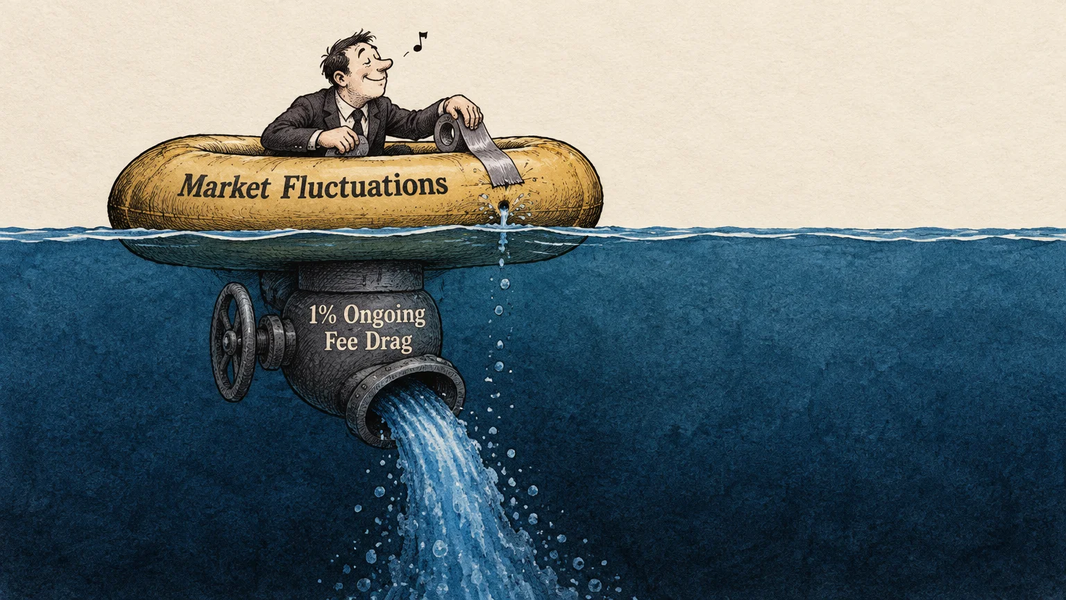Man in a raft tapes a small leak labeled Market Fluctuations while a large pipe labeled 1% Ongoing Fee Drag gushes water.