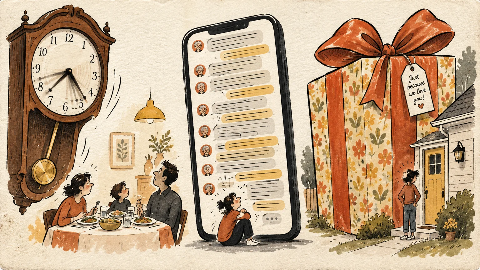 Illustration of a ticking clock disrupting a family dinner, an oversized messaging phone, and a giant gift outside a home.