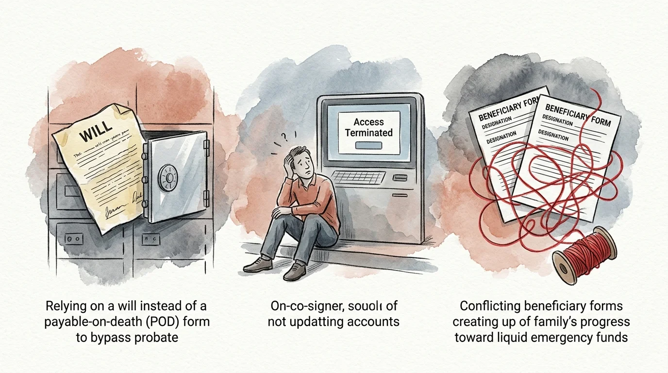 Three watercolor panels depicting a will by a safe, a sad man outside an ATM, and tangled string over beneficiary forms.