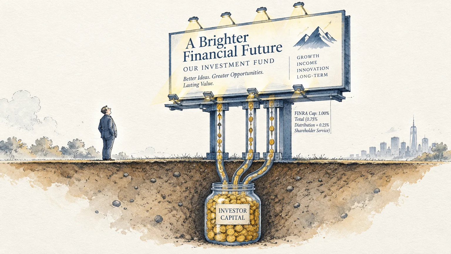 Man looking at a billboard fed by pipes siphoning coins from an underground jar labeled investor capital.