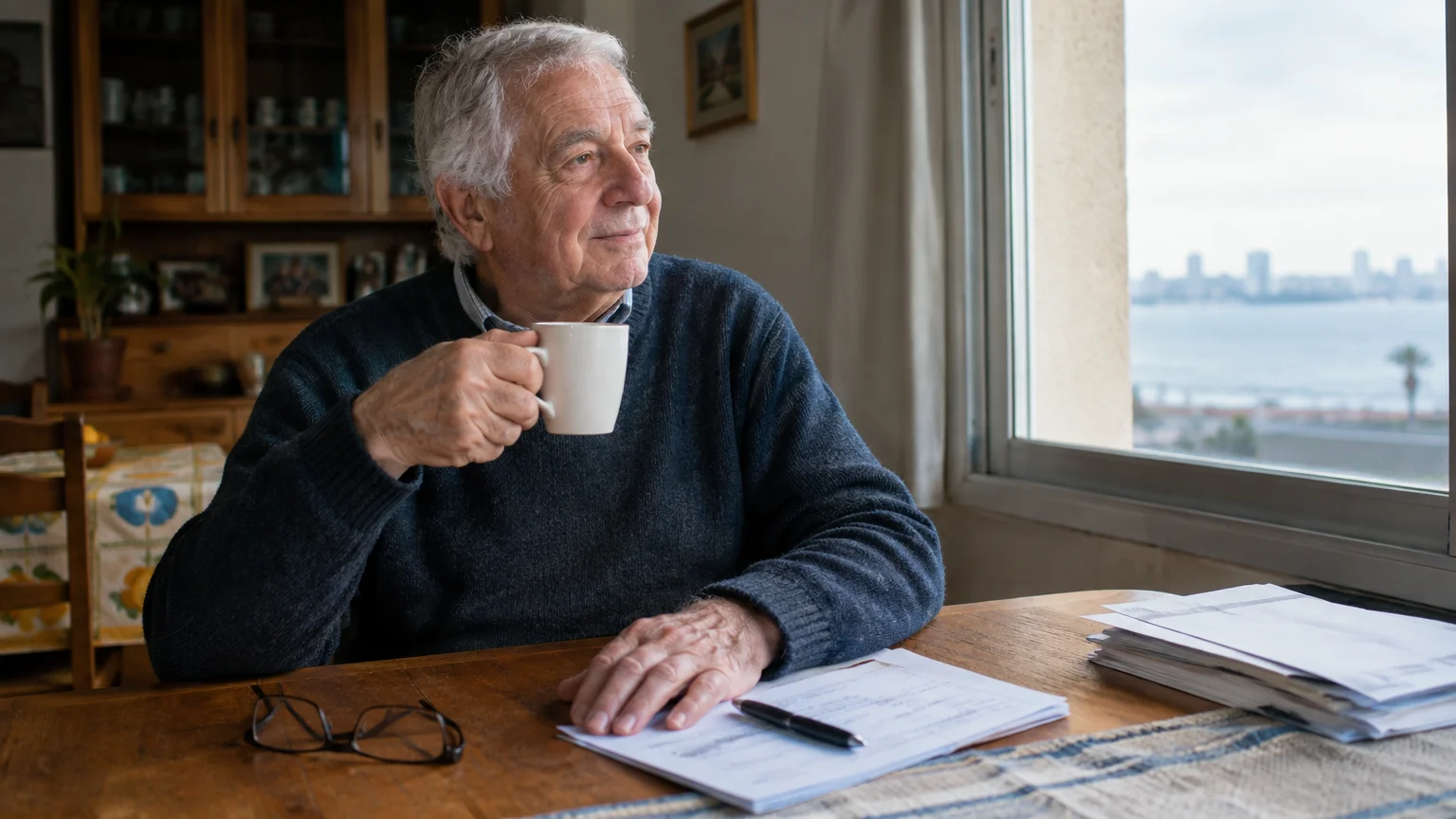 An older man sits at a wooden table holding a white mug, looking out a window overlooking a coastal city skyline.