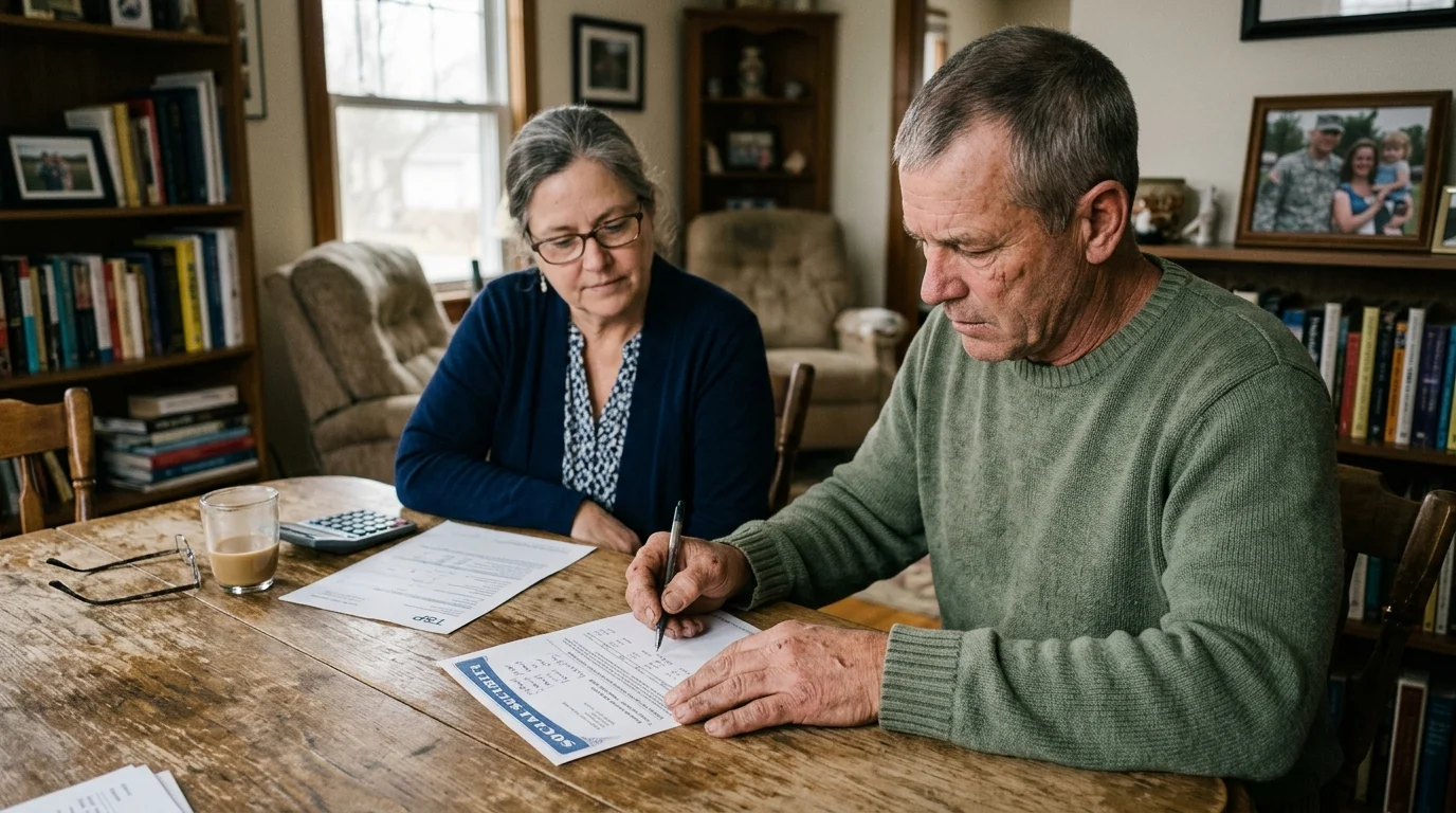 An older couple sits at a wooden table examining Social Security paperwork and calculator in their living room.