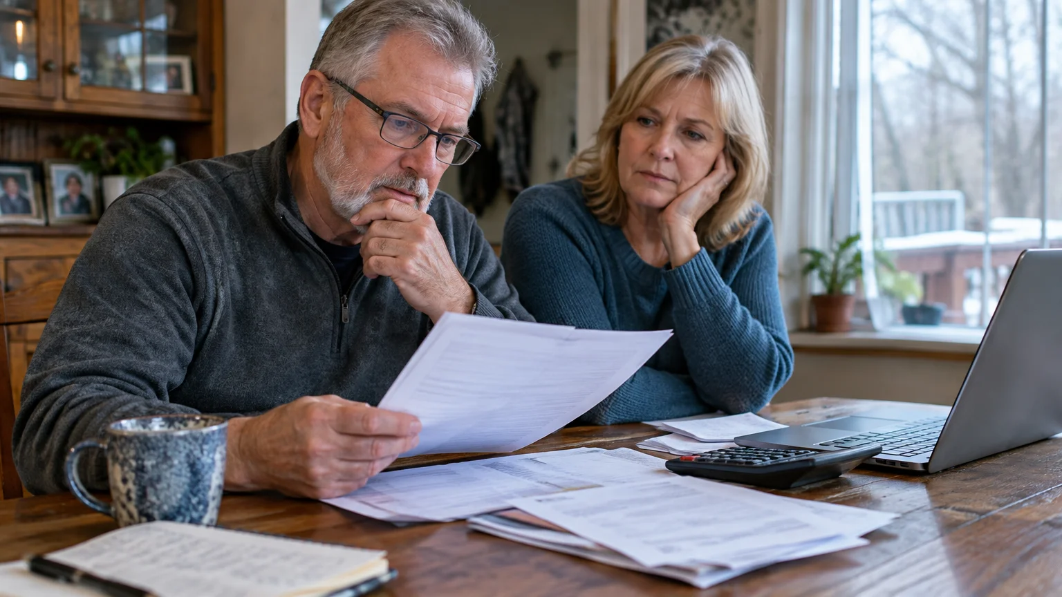 A senior man and woman sit at a wooden table reviewing financial paperwork with a calculator and laptop open nearby.