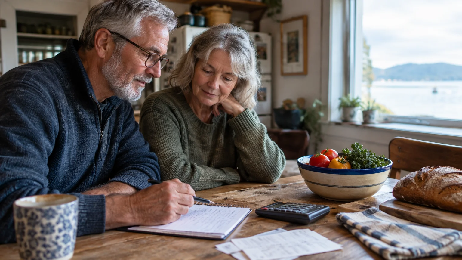 Senior couple sitting at a wooden kitchen table reviewing notes and receipts beside a calculator, bread, and bowl of produce.