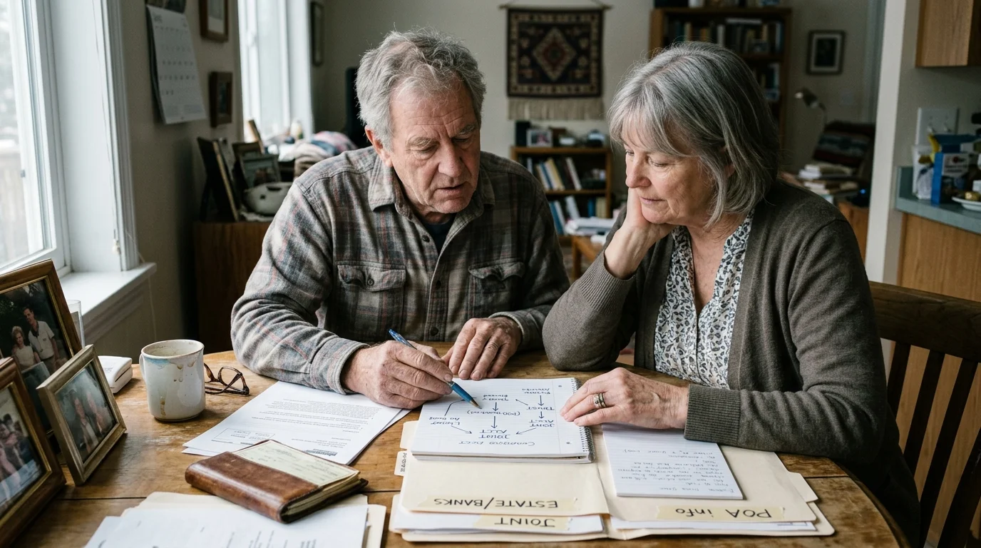 An older couple sits at a wooden table reviewing financial paperwork, folders, and a handwritten diagram in a notebook.