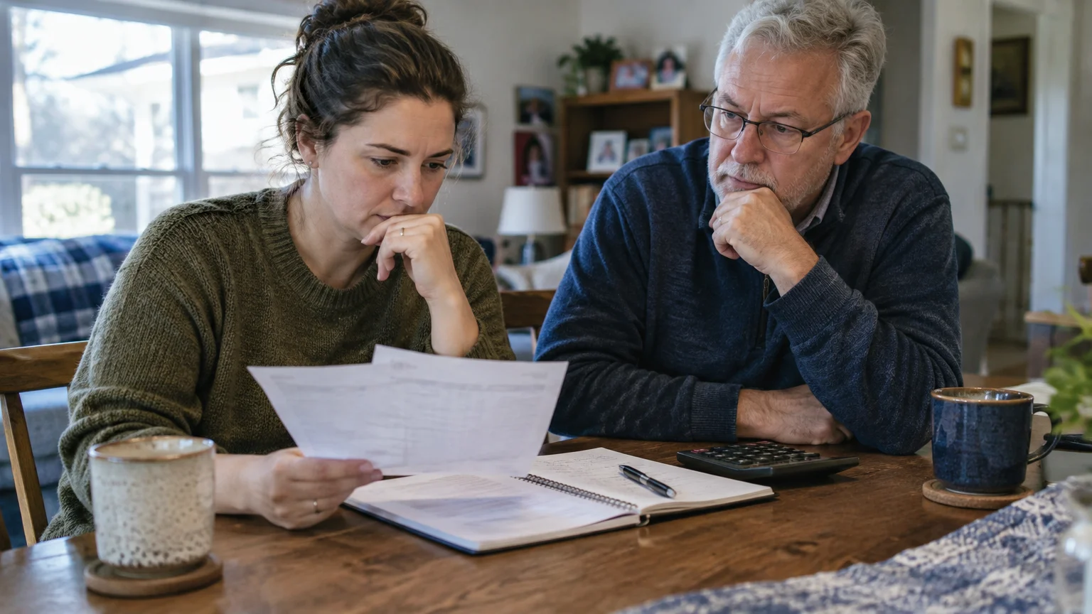 A woman and an older man sit at a dining table looking concerned while reviewing financial documents together.