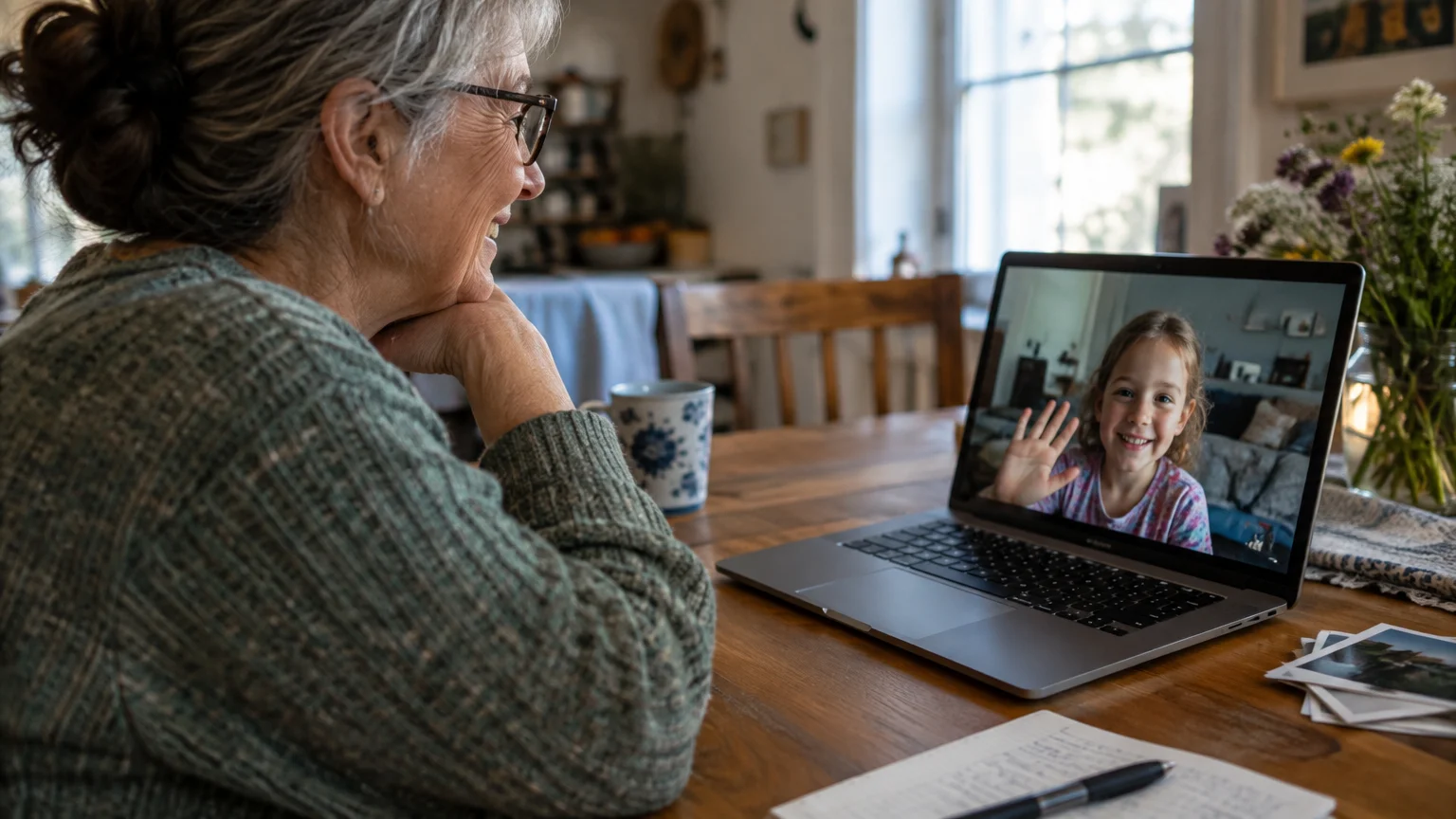 A senior woman smiling during a laptop video call with a young girl waving on the screen.