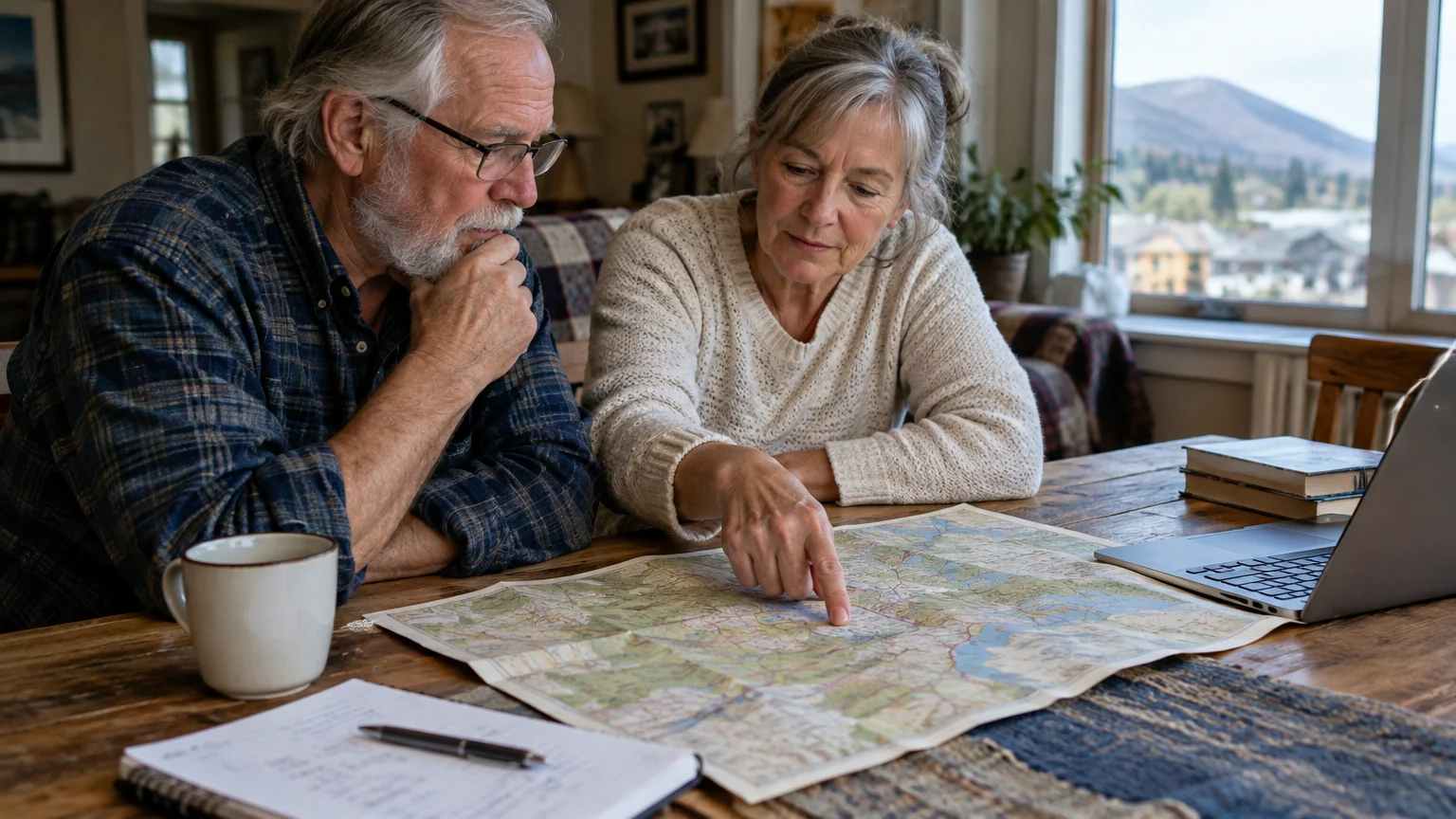 An older couple sitting at a wooden table examines a spread-out paper map alongside a laptop and notes.