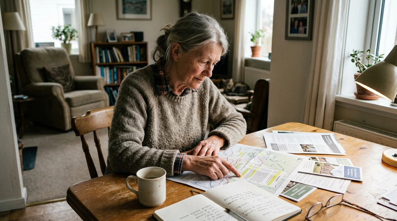 Senior woman sitting at a wooden table studying a map, brochures, and a notebook with coffee nearby.
