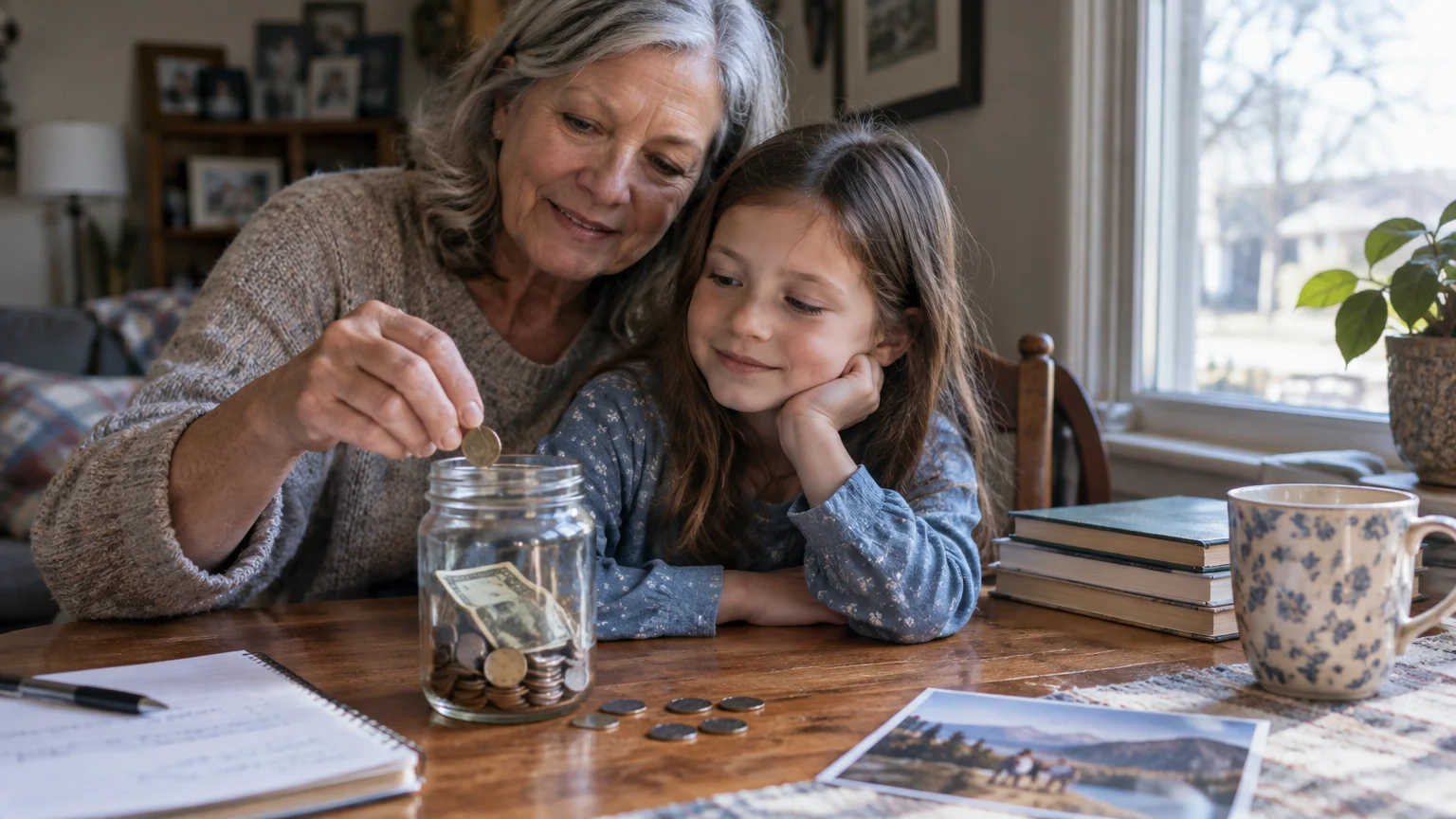 An older woman drops a coin into a glass jar filled with money while a young girl watches at a table.