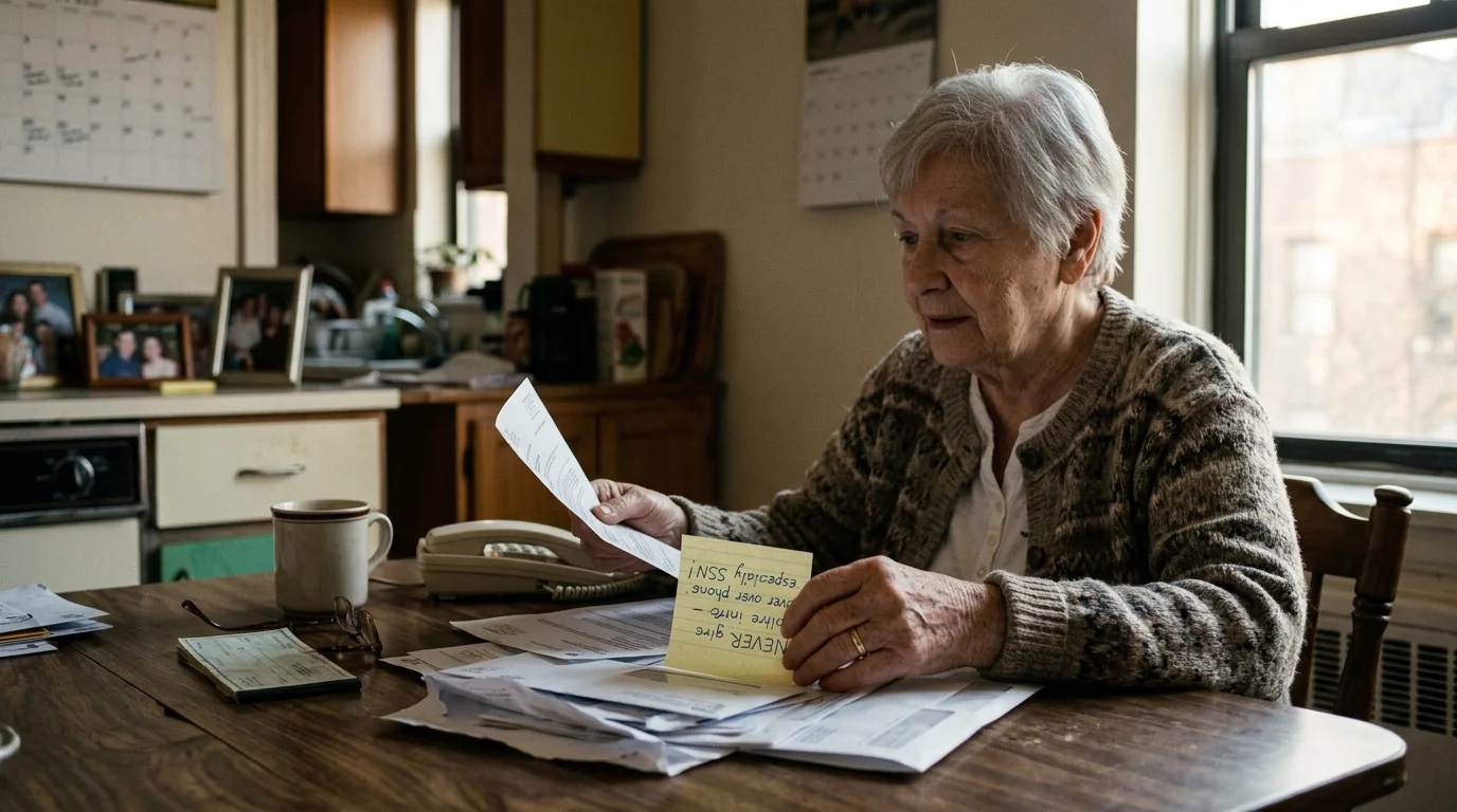 An older woman sits at a wooden table reviewing mail and holding a yellow sticky note beside a telephone.