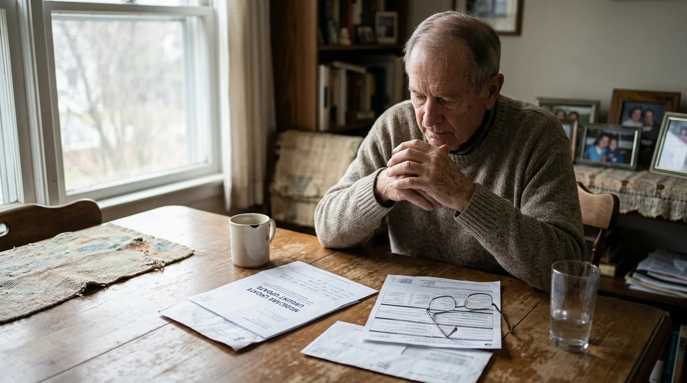 An older man sits at a wooden table with hands clasped, reviewing Medicare letters and forms next to eyeglasses.