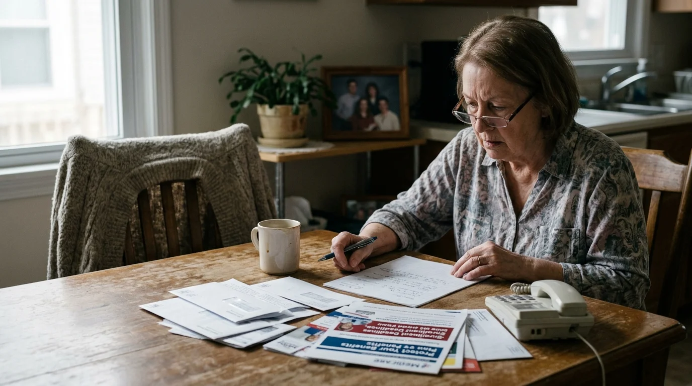An older woman in glasses sits at a wooden table reviewing mail and writing notes next to a landline phone.