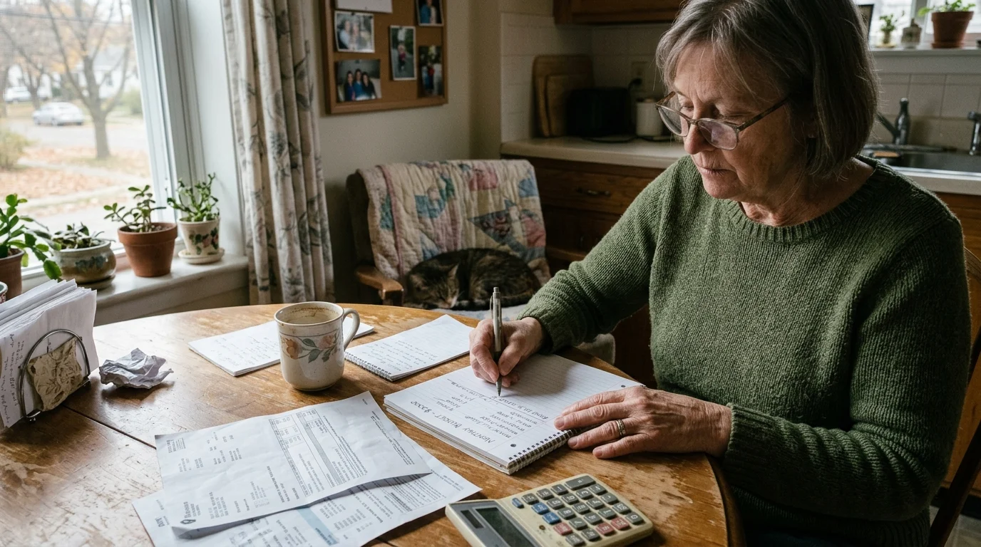 A senior woman in glasses sits at a kitchen table writing in a budget notebook near papers and a calculator.