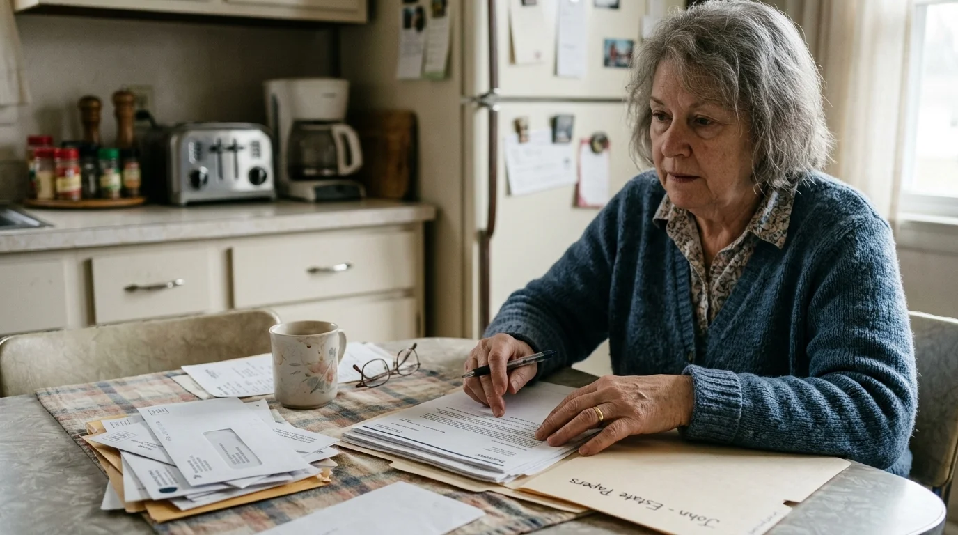 An older woman sits at a kitchen table reviewing paperwork from a folder labeled Estate Papers.
