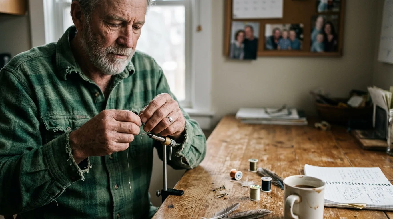 A bearded older man in a green flannel shirt ties a fishing fly at a wooden desk with spools of thread and a coffee mug.